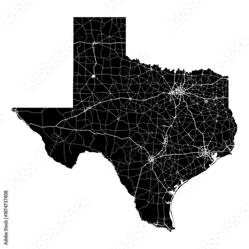 Texas State Map Road Network Vector SVG Black Silhouette White Highway Lines Transparent Background Isolated Minimalist Cartography