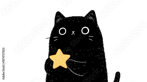 Celestial Companion: A charming black cat gazes with wide, innocent eyes, holding a golden star, invoking feelings of wonder and celestial charm. 