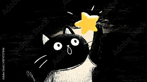 Whimsical feline finding star: A cute, wide-eyed cat, with expressive features, gazes in wonder at a bright star it holds, set against a dark, enigmatic backdrop.  