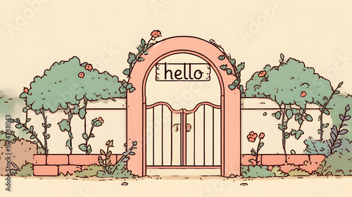 Garden Gate Greetings: An inviting garden gate, adorned with lush floral elements, stands as a welcoming threshold. A simple greeting suggests the start of a delightful journey within.
