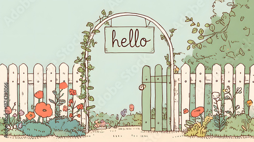 Whimsical Garden Greeting: A charming illustration welcomes viewers to a peaceful garden, featuring a rustic fence and a welcoming hello sign. This serene scene evokes feelings of warmth, simplicity.
