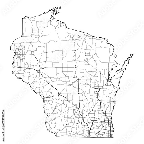Photography Wisconsin State Map Road Network Vector SVG Black Lines Wireframe Transparent Ba