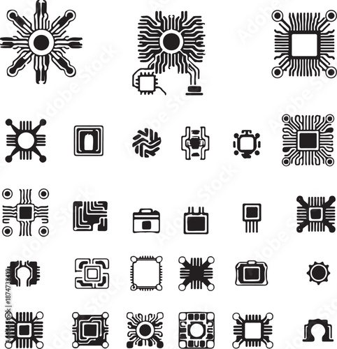 Set of black and white vector icons featuring a collection of business, computer, music, and finance symbols for web design and internet service illustration