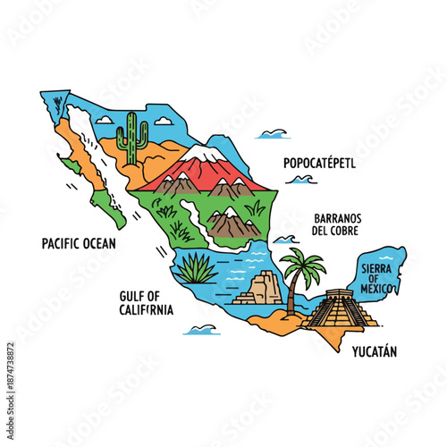 A colorful illustrated map of Mexico
