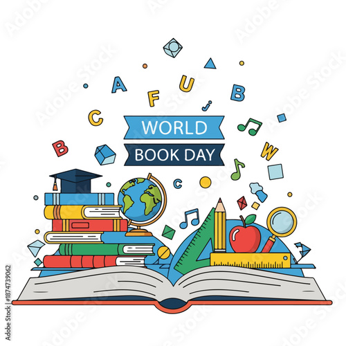 A colorful illustration celebrating World Book Day with books, school supplies