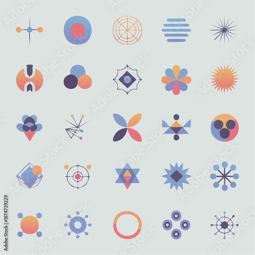 Highly abstract vector icon set using pure geometry and symbols, non-representational