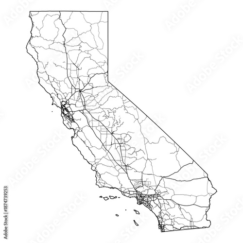 California State Map Road Network Vector SVG Black Lines Wireframe Transparent Background Isolated Minimalist Cartography