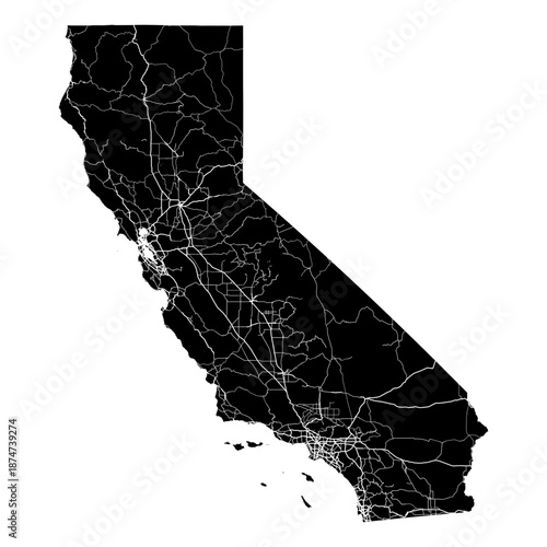 California State Map Road Network Vector SVG Black Silhouette White Highway Lines Transparent Background Isolated Minimalist Cartography