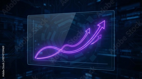 Futuristic growth chart with neon purple arrows on screen