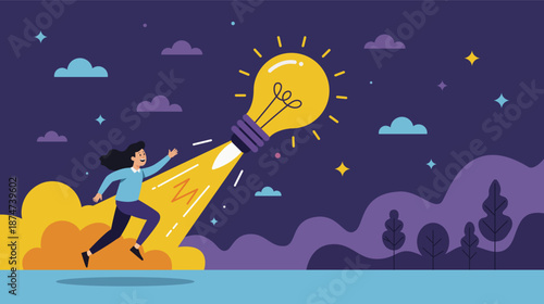 woman running lightbulb rocket business illustration