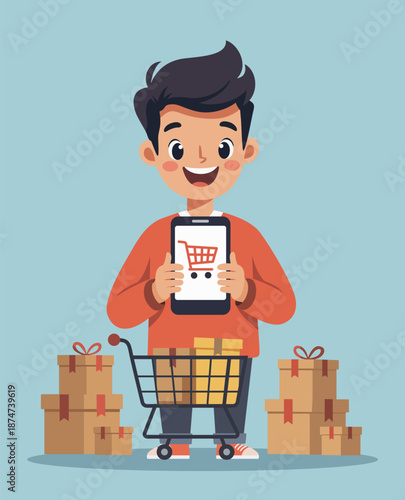 Man holding smartphone online shopping illustration
