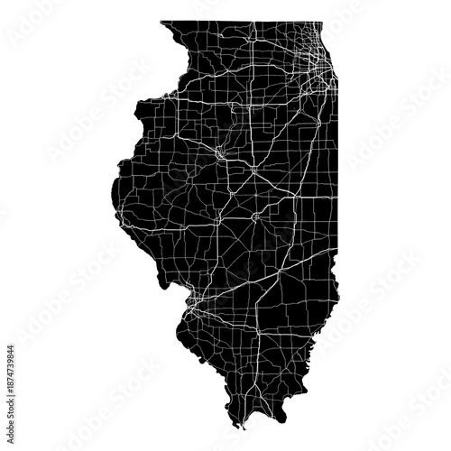 Foto Illinois State Map Road Network Vector SVG Black Silhouette White Highway Lines