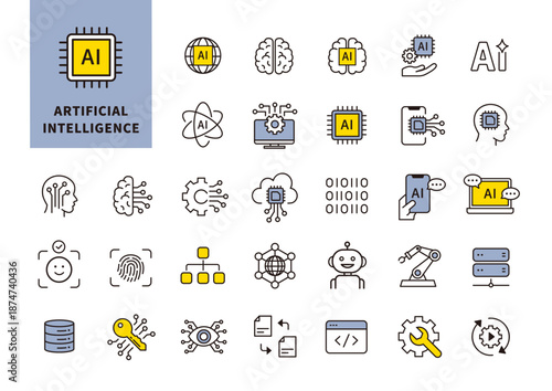 業務システムや情報連携を可視化するAI・ITコンセプトのUIアイコンセット