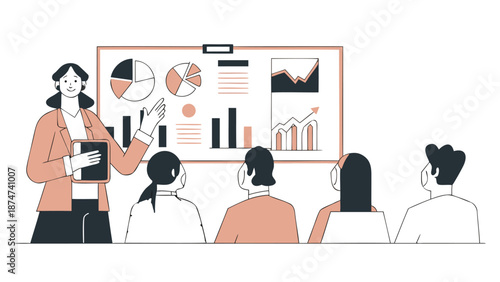 Businesswoman presents data analysis to colleagues in meeting with graphs on board