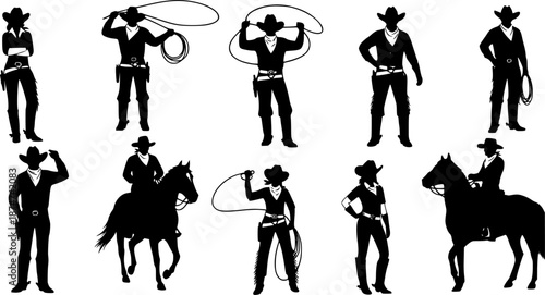 Vector silhouettes of cowboys and cowgirls standing.
