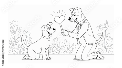 A Loving Dog's Gift: Two cartoon dogs sharing a sweet moment. One dog offering a heart-shaped wand to other, the joy of friendship