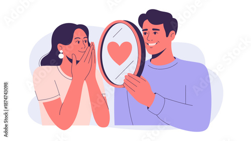 Mirror of Affection: A scene of mutual love, with a tender couple gazing at their reflections in a heart-shaped mirror, symbolizing their bond.