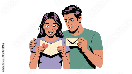 Joyful Correspondence: A couple sharing a moment, reading a heartfelt card together, bathed in warmth and tenderness, sharing love.