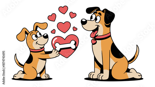 Loving Companions: An adorable puppy presents a heart-shaped gift to its admiring companion, symbolizing affection, friendship, and the joy of sharing. 