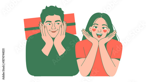 Joyful Present Revelation: Illustration of a couple's heart filled joy as they uncover the gift. A visual representation of anticipation and celebration.