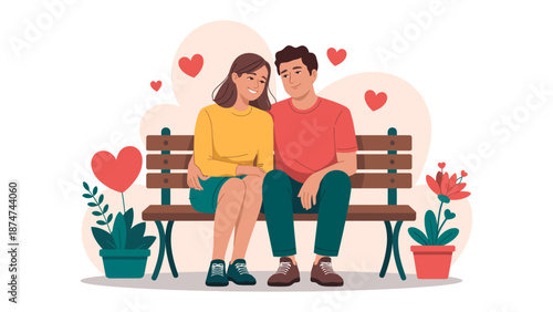 Love's Serenade: A tender couple shares a moment of connection on a park bench, hearts floating above in a symphony of affection.