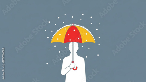 Person holding red and yellow umbrella in snowfall weather conditions with winter and protection and safety and icon with illustration