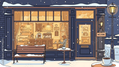 A cozy snow covered cafe at night with a warmly lit interior and a person enjoying a cup of coffee with cozy cafe and snowy cafe with bench