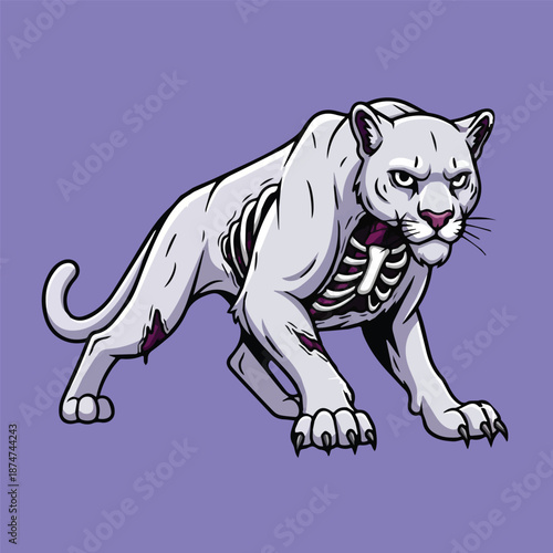 A horrifying illustration of a zombie white tiger, showcasing its decaying flesh and exposed bones, creating a scary and macabre aesthetic