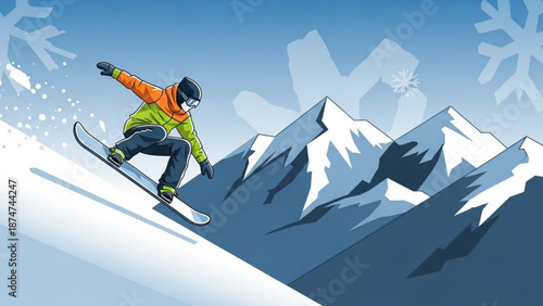 Snowboarder in orange and green jacket skiing down snowy mountain slope with snowflakes and mountains in background with snowboarding