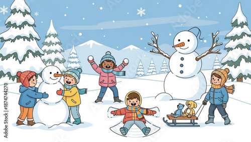Children playing in the snow making snowmen and sledding on a winter day with snowflakes falling with snowman and happy and fun with cold