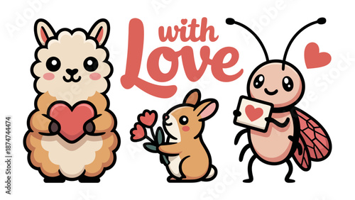 Cute Animals' Affectionate Greetings: An adorable llama, rabbit, and bug radiate love. The image whispers of tenderness, ideal for conveying feelings of friendship, Valentine's Day sentiments.