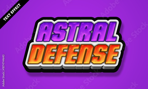 Astral defense text effect with futuristic purple and orange glossy 3d style