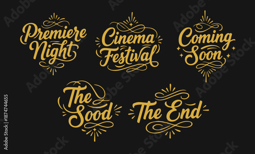 Vintage cinema typography set with classic movie festival and premiere labels