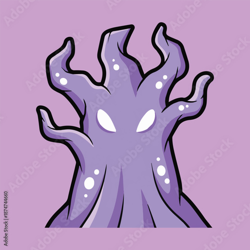 Vibrant purple mystical creature vector illustration featuring luminous eyes and abstract, swirling branches, embodying fantasy and mystery, ideal for unique branding and design projects