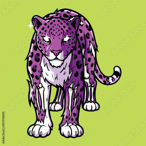 Vibrant purple jaguar illustration featuring stylized skeletal elements, a unique artistic concept blending fantasy and animalistic power