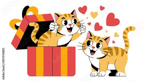 Принти на полотні Cats of the Present: Two cartoon cats revel in the joy of a special present