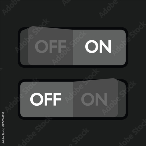 3D Skeuomorphic UI Toggle Switches - Vector Rocker Style ON and OFF Buttons for Dark Mode Design