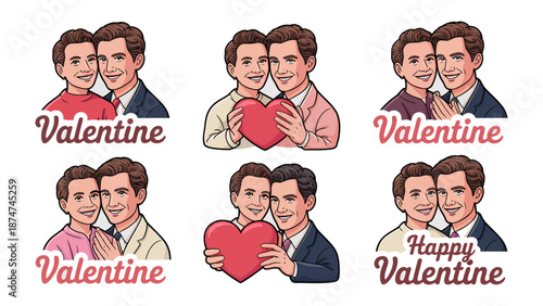 Valentines Day with couple stickers: Celebrate love and togetherness with these adorable Valentine's Day stickers featuring a charming couple in various poses holding hearts and expressing affection.