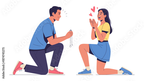 Eternal Bond: A tender moment unfolds as a man kneels before his beloved, presenting a necklace as a symbol of everlasting love, hearts radiating with joy and anticipation.
