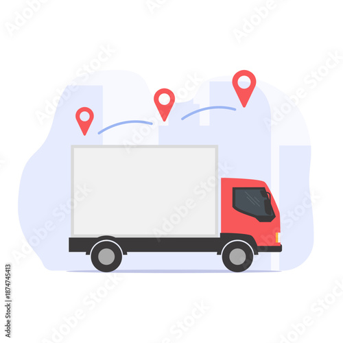 Delivery Truck with Location Pins Flat Vector Illustration