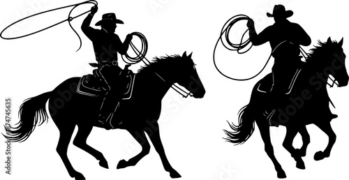 Cowboy silhouette with rope lasso on horse vector illustration isolated on white background for rodeo western design