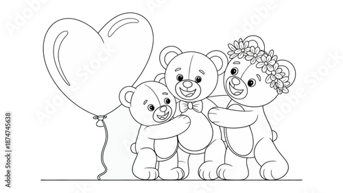 Teddy Bears and a Heart Balloon: Three endearing teddy bears gather, one embracing a heart balloon, creating a sense of love, care, and friendship.