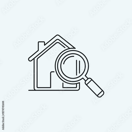 Real Estate Search Icon. House with Magnifying Glass Line Art for Property Finding, Home Inspection, and Market Analysis Symbol.