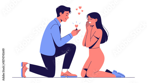 The Proposal Moment: A romantic illustration captures a man proposing to a woman, the joy of the moment symbolized by floating hearts, a heartfelt and defining event.