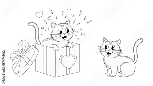 A Gift of Joy: Charming cats surrounded by symbols of affection, a testament to the delight of gift-giving and heartfelt connections.
