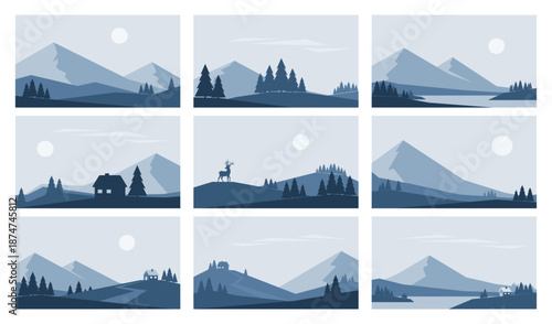 Set of minimalistic winter landscapes in Nordic style. Vector illustrations of abstract nature in blue colors