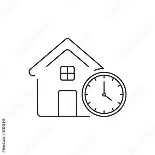 Home and Time Clock Line Icon. Property Schedule, Real Estate Service Timing, Duration, and Delivery Time Management Vector Symbol.