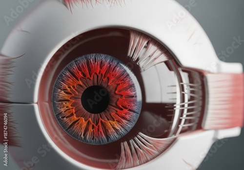 A detailed, closeup 3d render of a human eyeball, showcasing the intricate structure of the iris, pupil, and surrounding ocular tissues