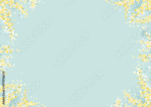 ミモザの花の春背景フレーム｜ミントグリーンのナチュラルデザイン A4 横 高画質