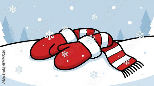 A pair of red mittens and a matching striped scarf on a snowy hill with snowflakes falling around them in a winter wonderland scene